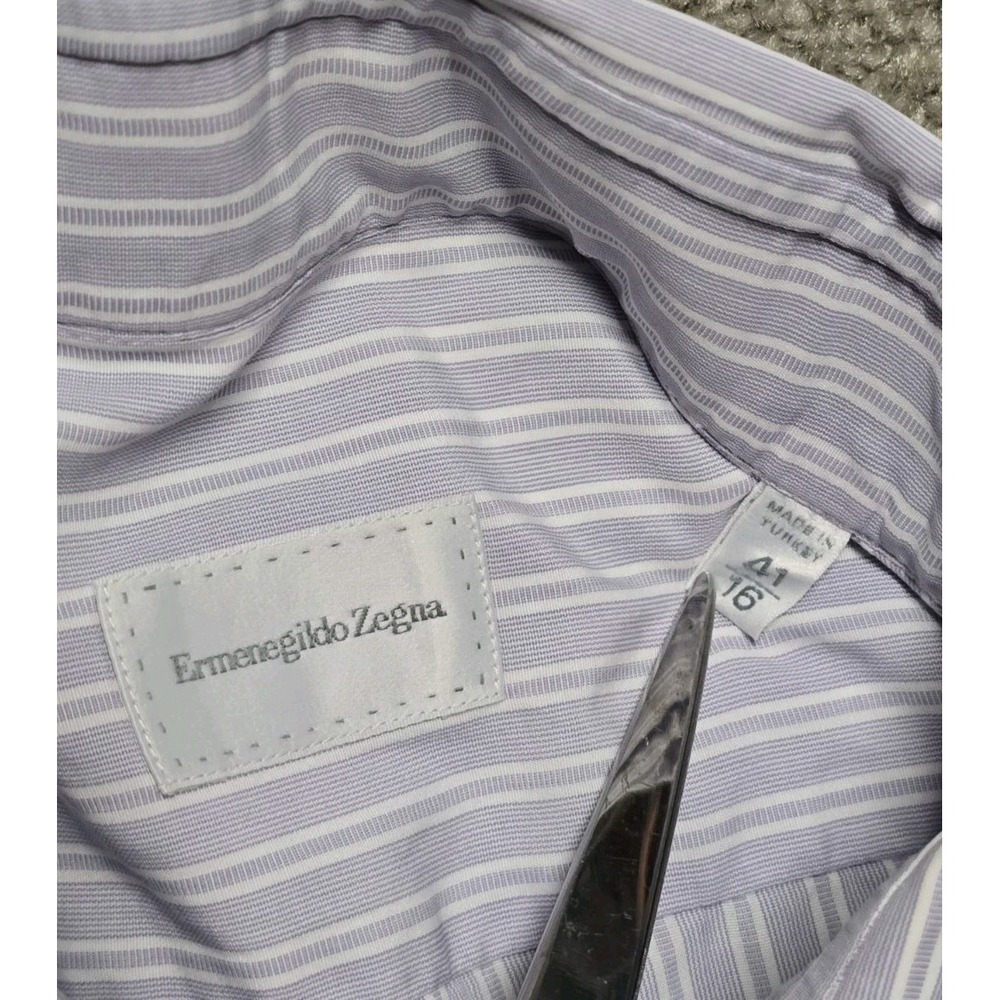 Ermenegildo Zegna Shirt Mens L 41 16 Purple Stripe Long Sleeve Button Up Cotton - Picture 5 of 14
